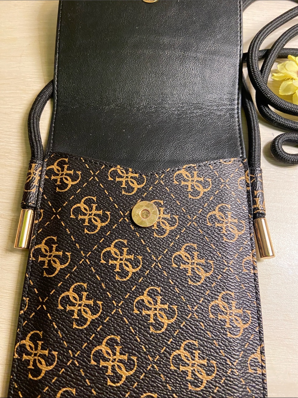 GUESS Brown Monogram Phone Crossbody with Gold Logo - Picture 5 of 5